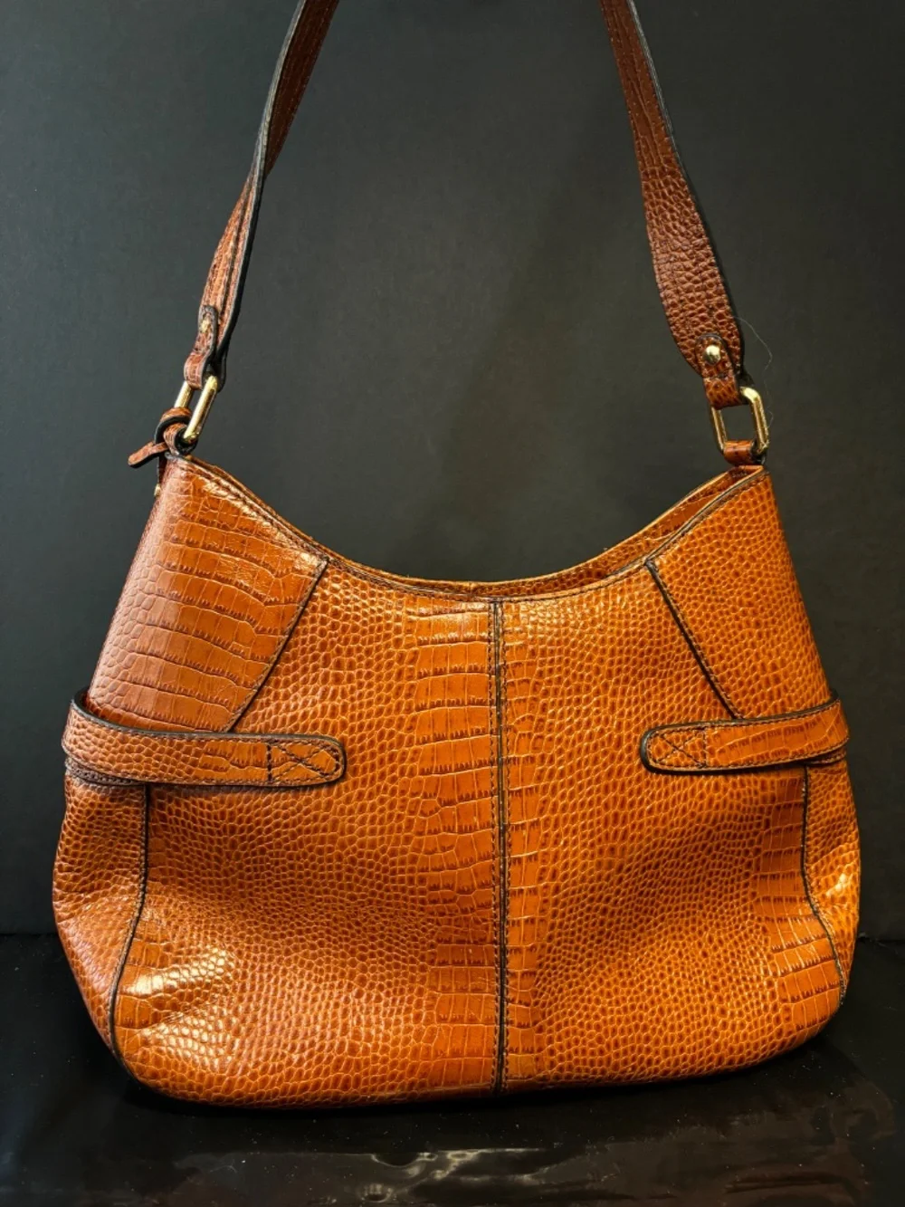 Etienne Aigner Brown Embossed Leather Shoulder Bag Croc Texture Classic Hobo